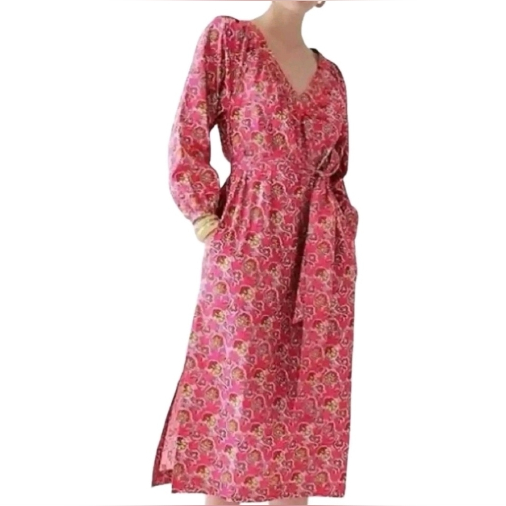 J. Crew Collection Tie-Waist Cotton Poplin Dress Ratti Side Slit Deep V Neck M - Picture 2 of 11